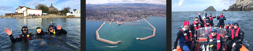 Views of divers in Sandycove, Dun Laoghaire Harbour and the Skelligs Rocks